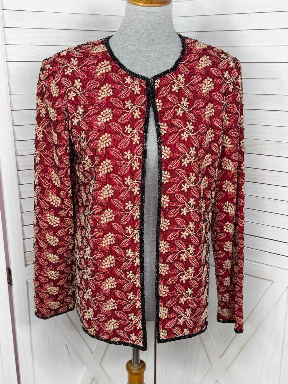 Jkara Embroidered Beaded Evening Jacket Red Black Gold Medium Ornate Glam
